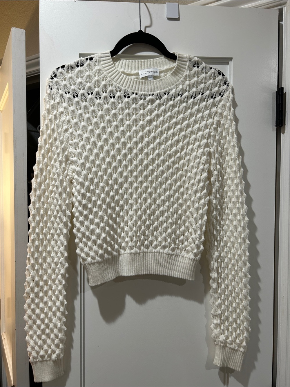 Lucy Paris Cream Openwork Knit Crewneck Sweater